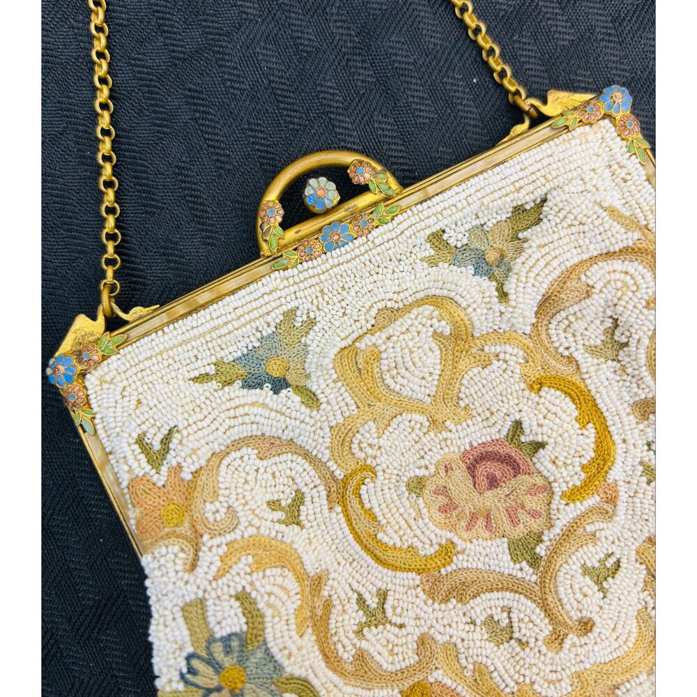 Beaded Clutch Handbag with Chain Wrist Strap, Floral Satin Vintage